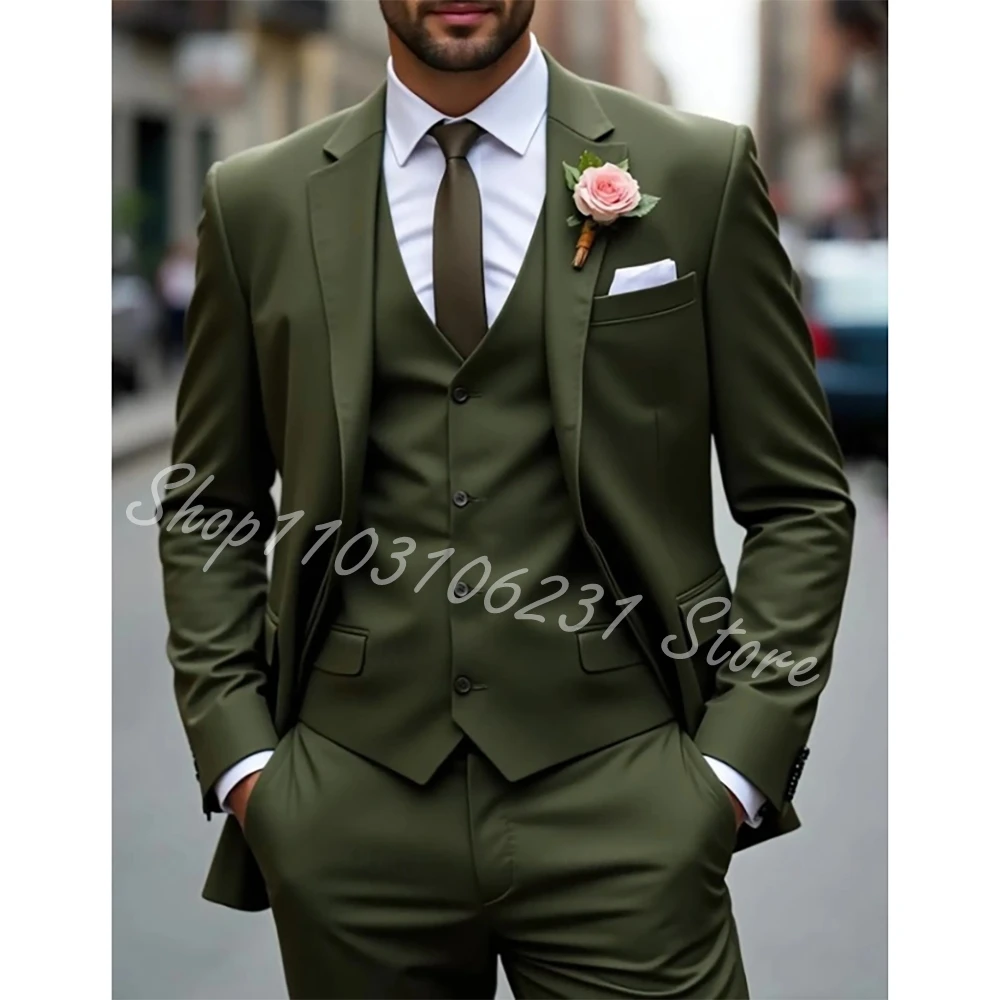 

Elegant Men's Suits Full Set (Jacket+Vest+Pants ) Army Green Business Casual Tuxedo Formal Groom Wedding Terno Masculino