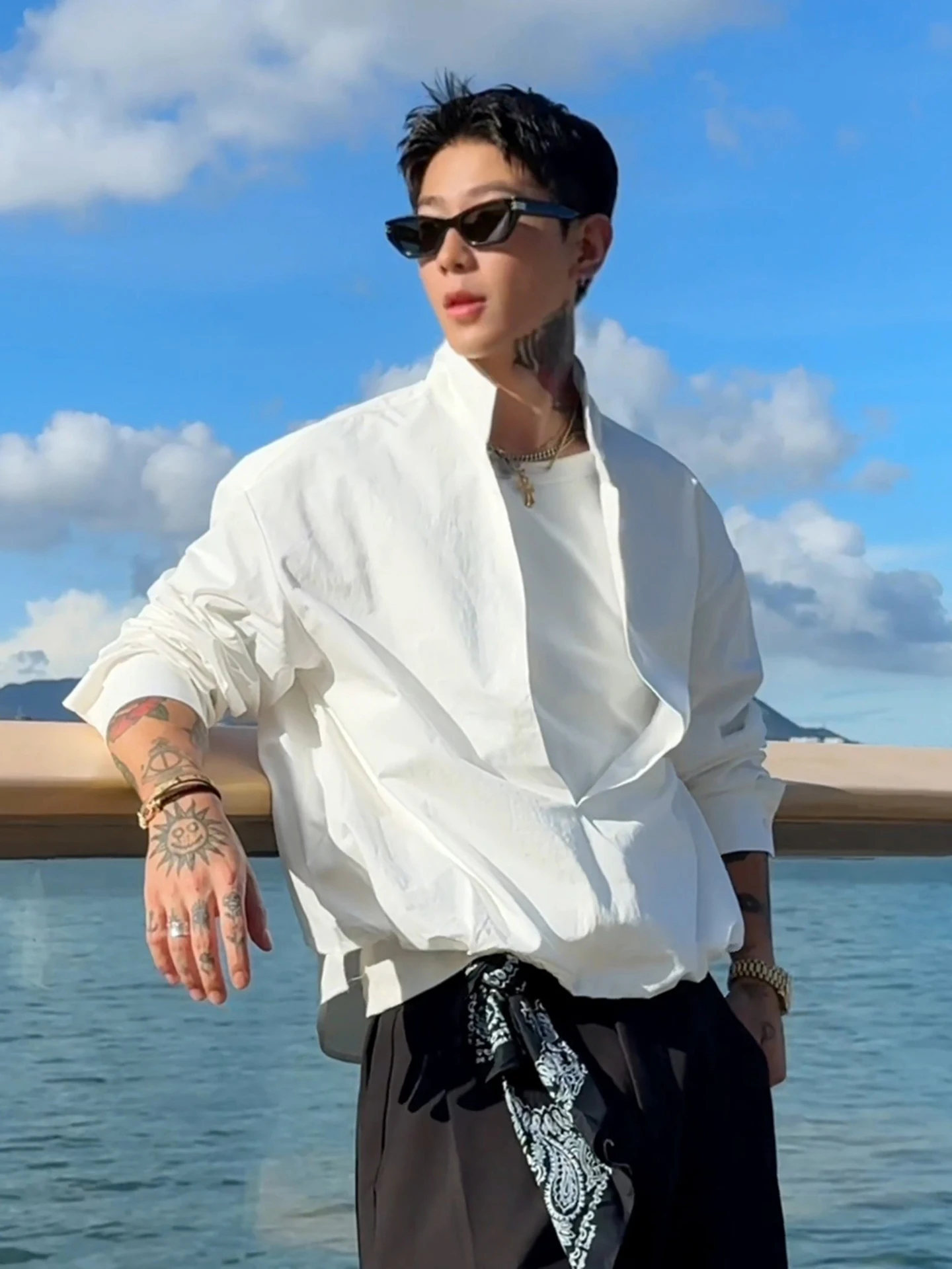 

White Linen Long Sve Stand Collar irt Men's Sle American Casual irt Cleanfit Old Money Look Autumn Wear