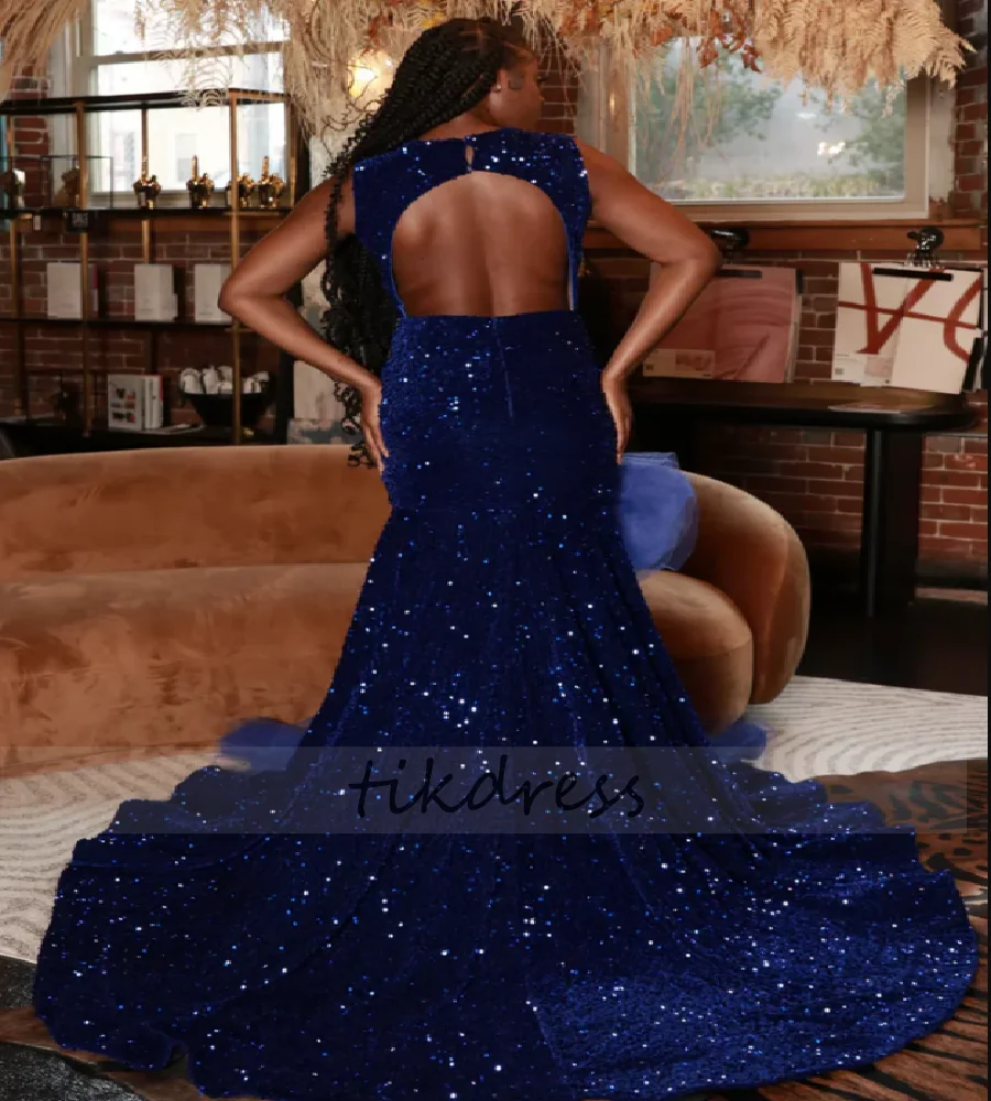 Deslumbrante Vestido de Noite Azul Cristal Plus Size Sereia com Fenda para Baile de Formatura para Meninas Negras com Babados de Diamante e Costas Abertas para Aniversário Formal