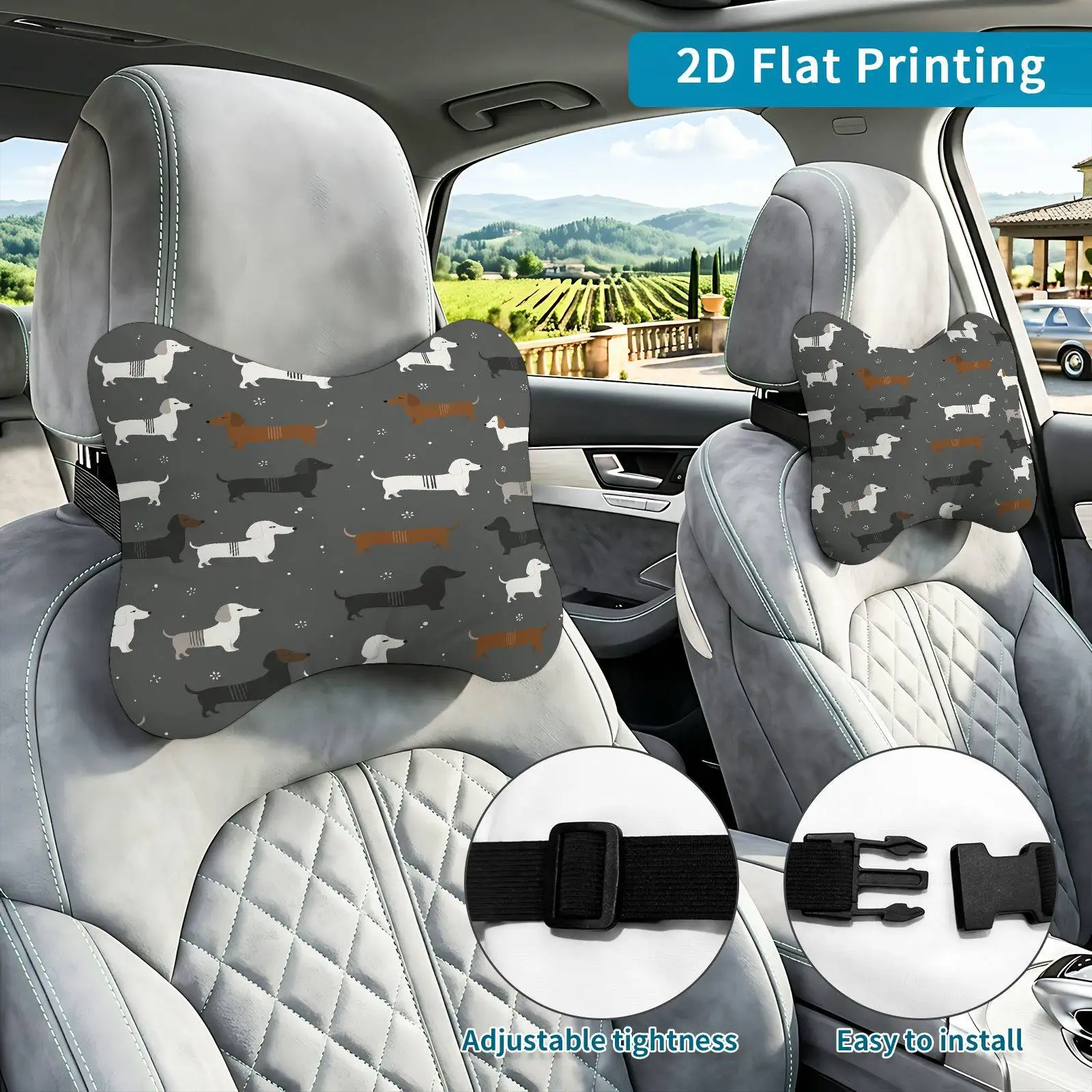 2pcs Dachshund Pattern Dog Silhouette Bone Accents Car Seat Headrest, Neck Support Cushion, Suitable For All Seasons Of Car Addi