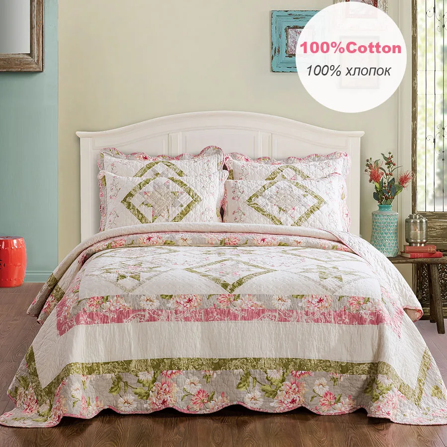 CHAUSUB Embroidered Cotton Quilt Set 3PCS/1PC Bedspread on the Bed Oversize Patchwork Coverlet Super King Size Quilted Comforter