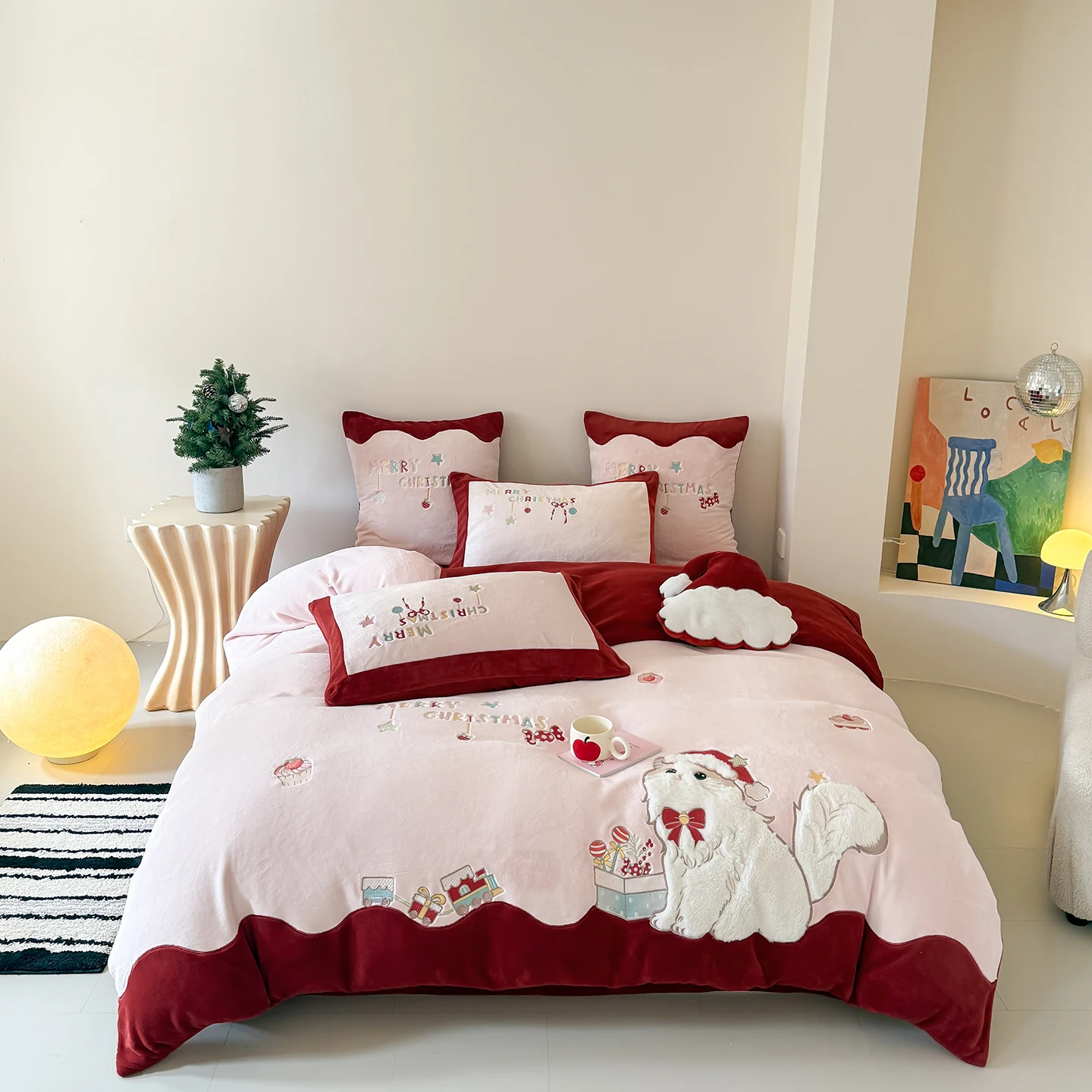 Cute Furry Cat Red Bedding Set Blue Milk Fleece, 3/4pcs Duvet Cover for Little Girl Kids' Bedroom Home Decor Bunny mbroider