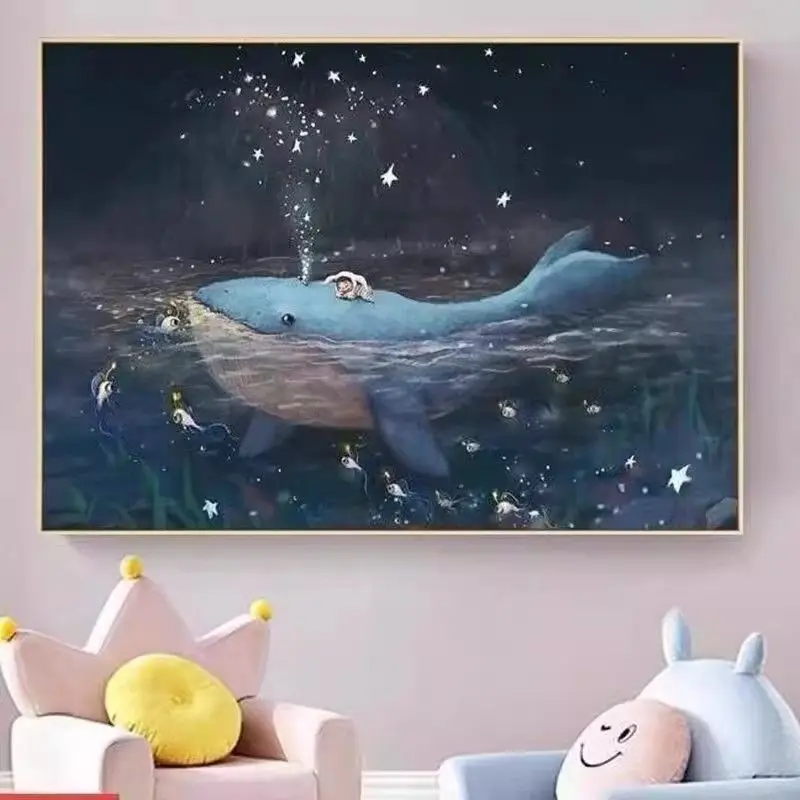 A handmade cross stitch product with unicorns, whales, stars, fantasy nights, beautiful anime, cartoon scenery, bedroom