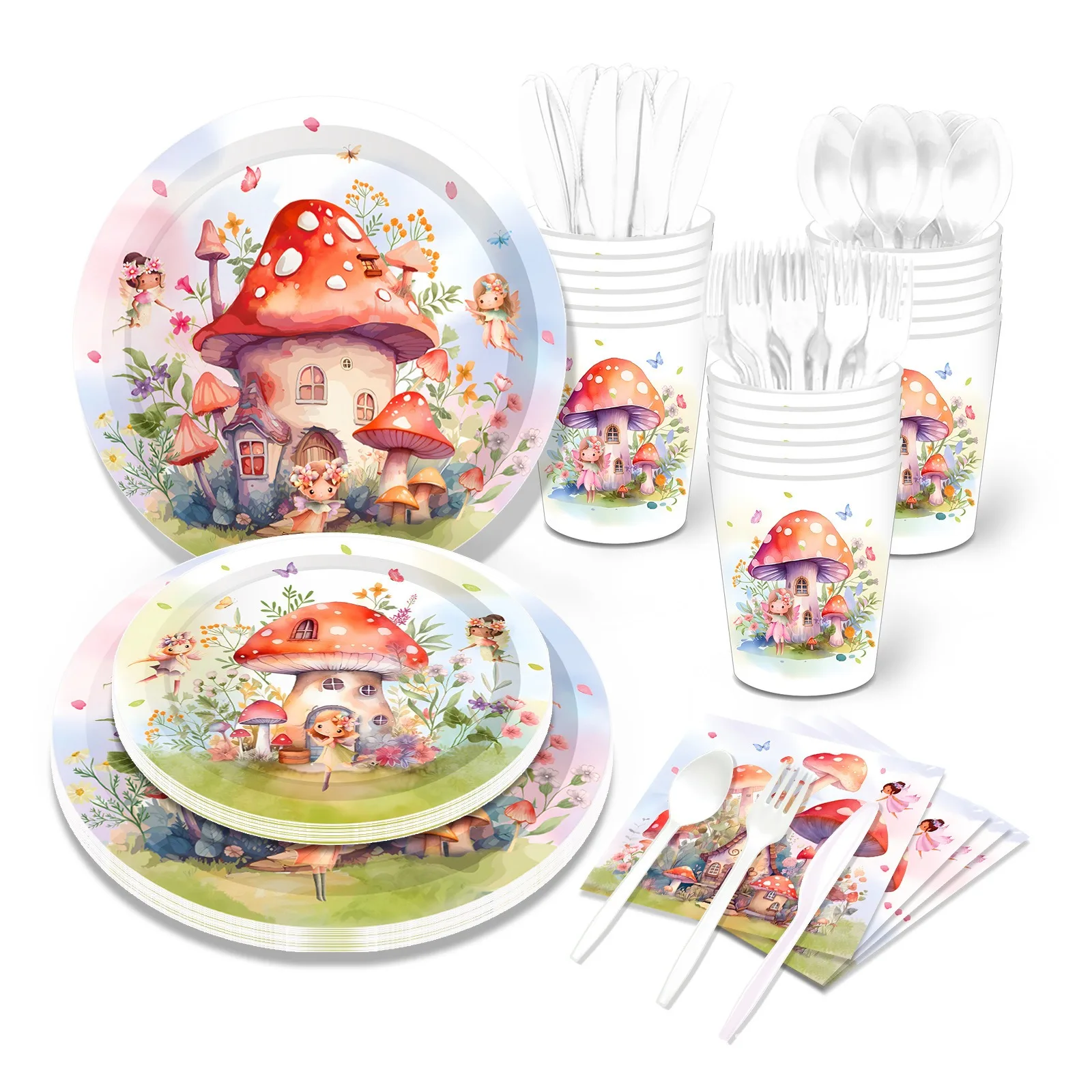 Fairy Mushoroom House Disposable Tableware Girls Fairy Princess Paper Plates Napkins Happy Fairy 1st Birthday Party Supplies