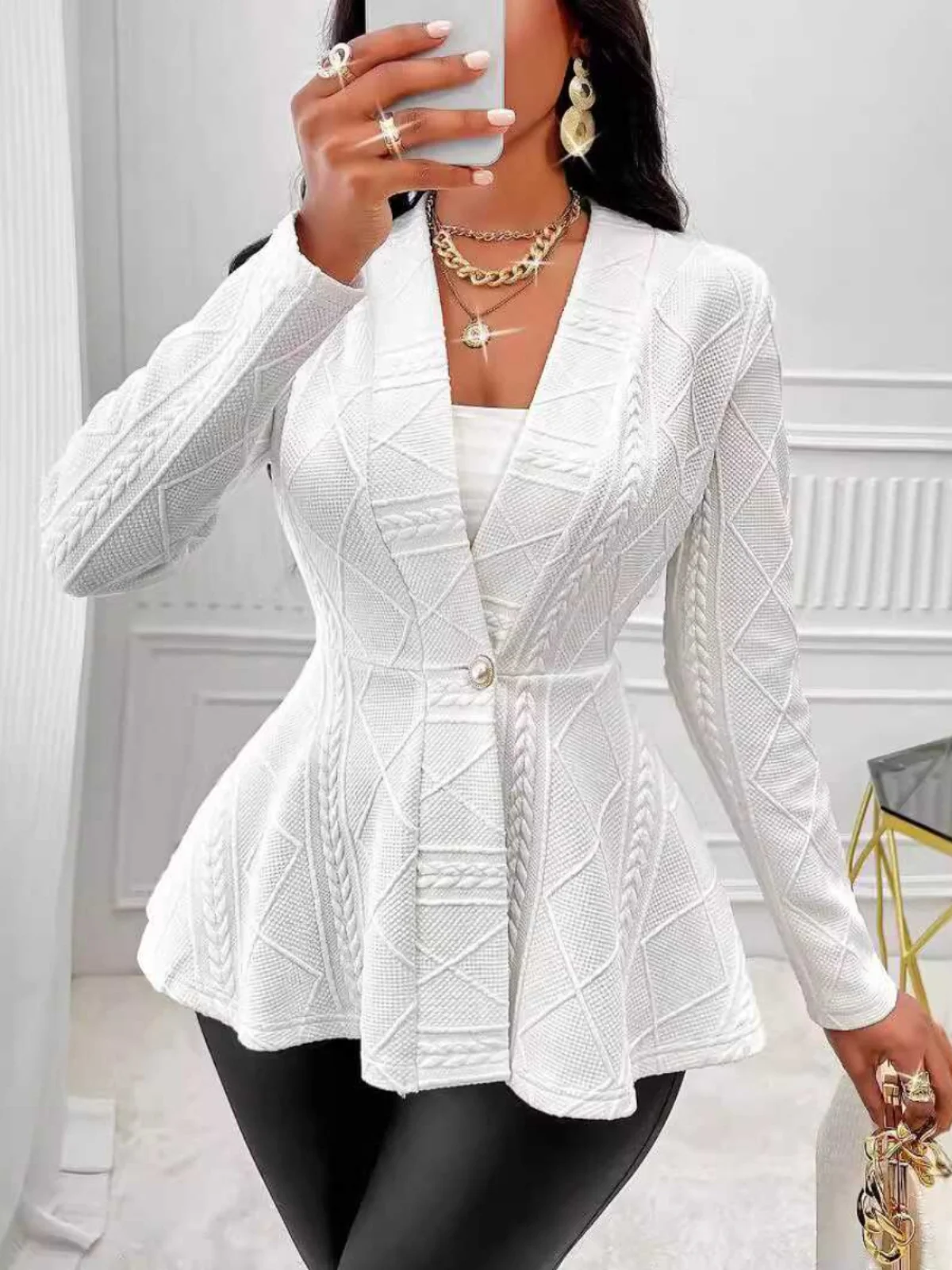 Elegant Black Long Sleeve Women's Suit Waist-Cinching Skirt Detail Street Style Slim Fit Button Detail V-neck Polyester