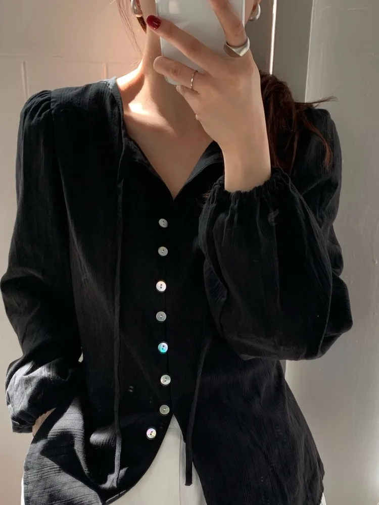 قميص نحيف أنيق بأكمام طويلة للنساء بزر واحد، موضة خريفية أنيقة، مادة عالية الجودة غير قابلة للتشوه ورقيقة
