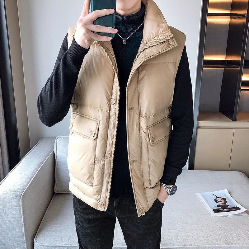 

2023 New Men Cotton Waistcoat Autumn Winter Jacket Short Loose Youth Sports Vest Warm Fashion Outwear Pure Color Leisure Surcoat