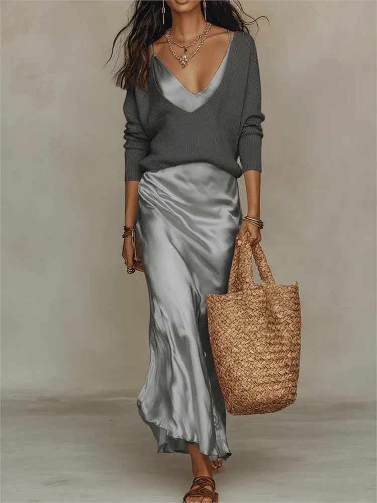 Lente Zomer Nieuwe Effen Satijnen Jurk met Bretels en Gebreide Top 2-delige Elegante Dames Slim Fit Lange Jurk Set 2026