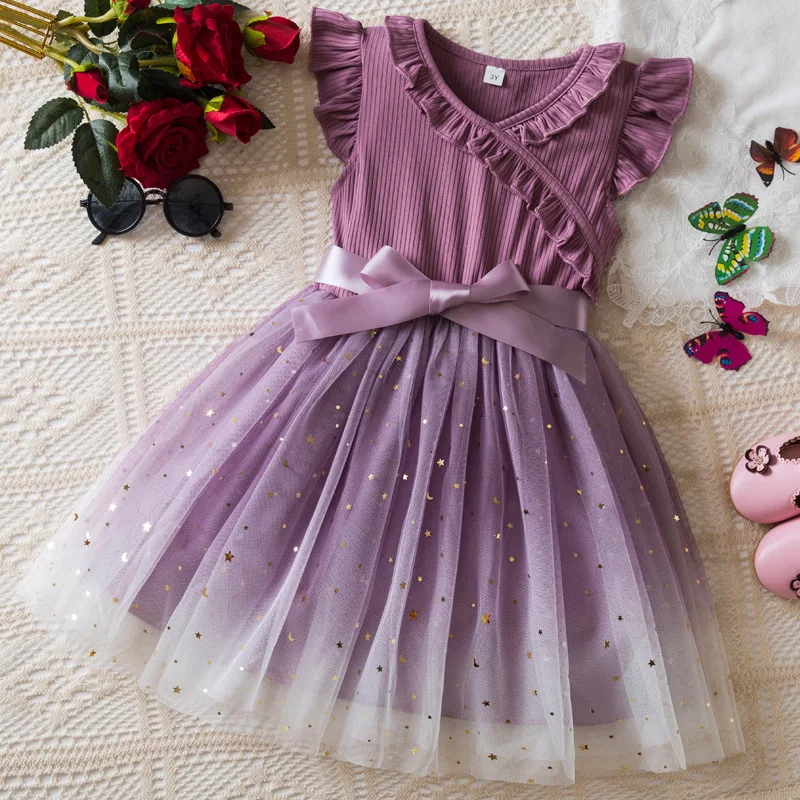 2026 Summer New Short Sleeve Dress for Girls, Korean Style Ruffled Star Sequin Gradient Tulle Princess Dress