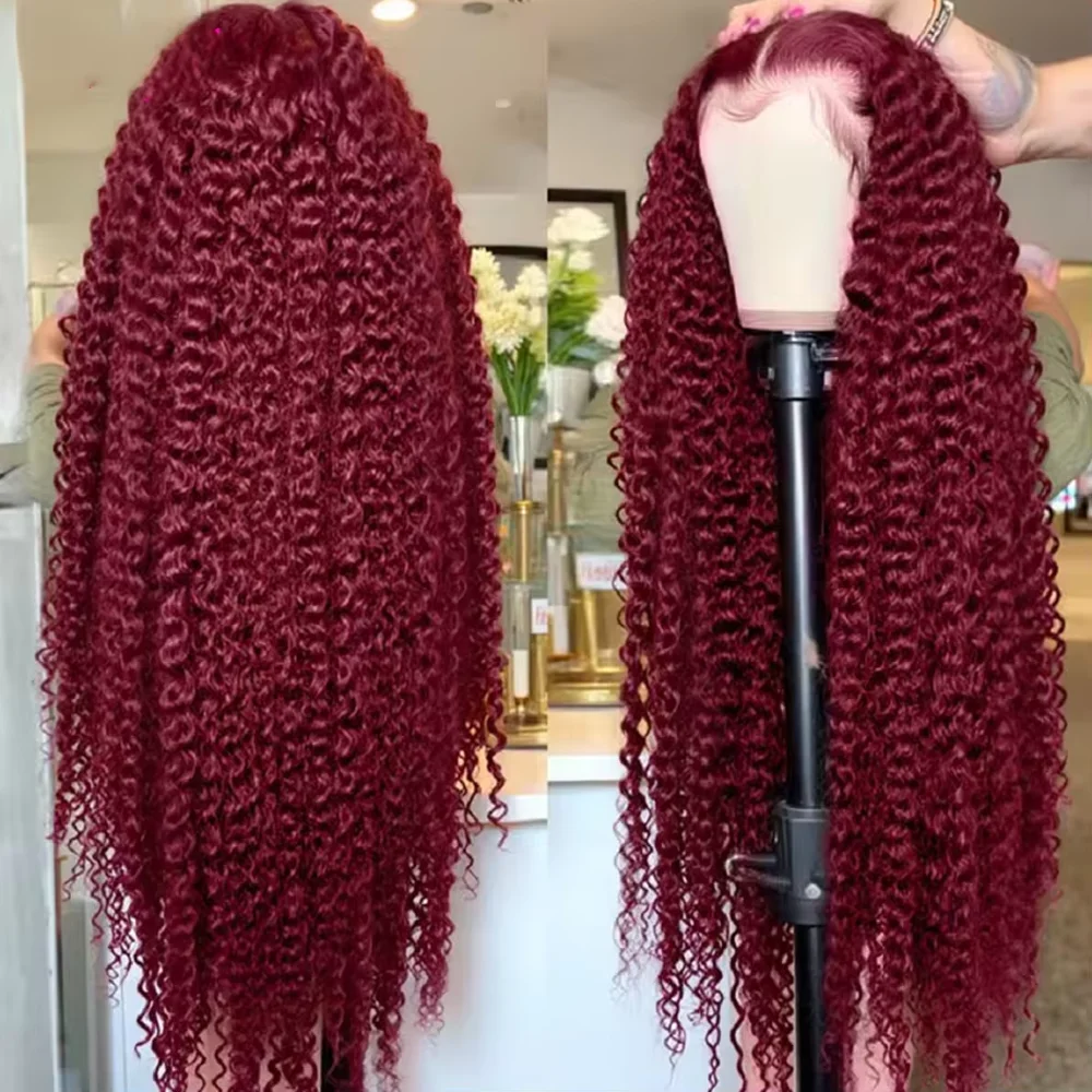 

30-дюймовый парик из натуральных волос с HD-кружевной передней частью 13x4, цвет 99J бордовый, глубокая волна, цветной кудрявый парик из натуральных волос, плотность 300%