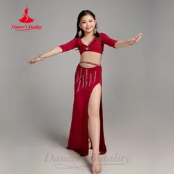 Belly Dancing Clothing for Kid V-neck Half Sleeve Top+AB Stones Tassel Long Skirt 2pcs Children Oriental Dance Practice Clothes