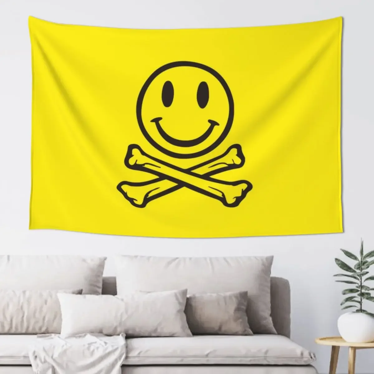 Acid house smile face with crossed bones. For ravers and techno djs. Tapestry Decor Home Room Decor Cute Tapestry