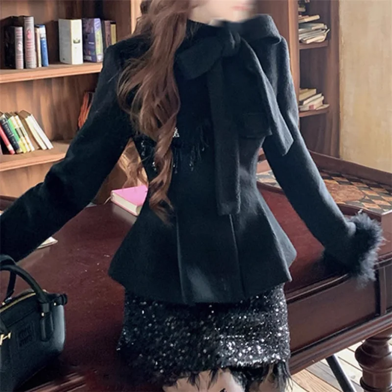 

French Retro Black 2 Piece Dress Suits Stunning Elegant Women Two Pieces Bow Slim Jacket Coat&Tassel Sequined Mini Skirt Sets