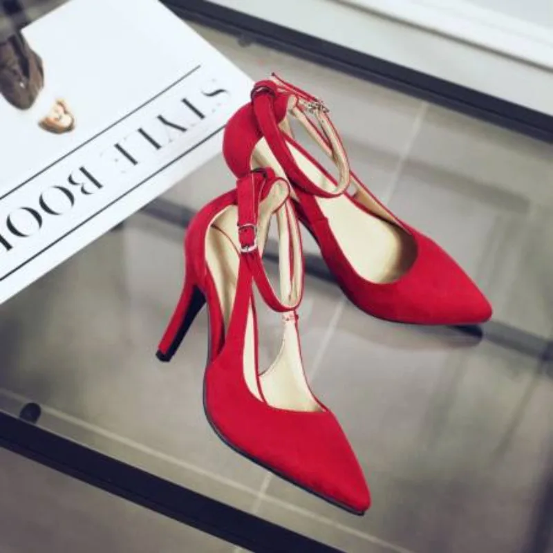 

2025 Sexy Women Sandals Pointed Toe Thin Heels 8cm Buckle Strap Flock Suede Plus Size 41 42 43 Wedding Female Shoes