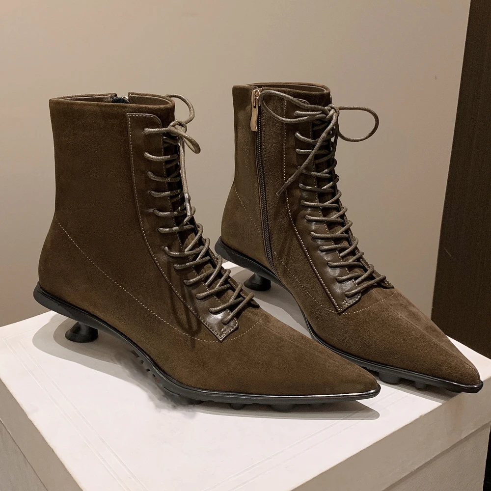 Nuova moda primavera autunno stivaletti scarpe in pelle donna inverno stivali corti in pelle scamosciata tacchi sottili donna Designer tacco basso nero marrone