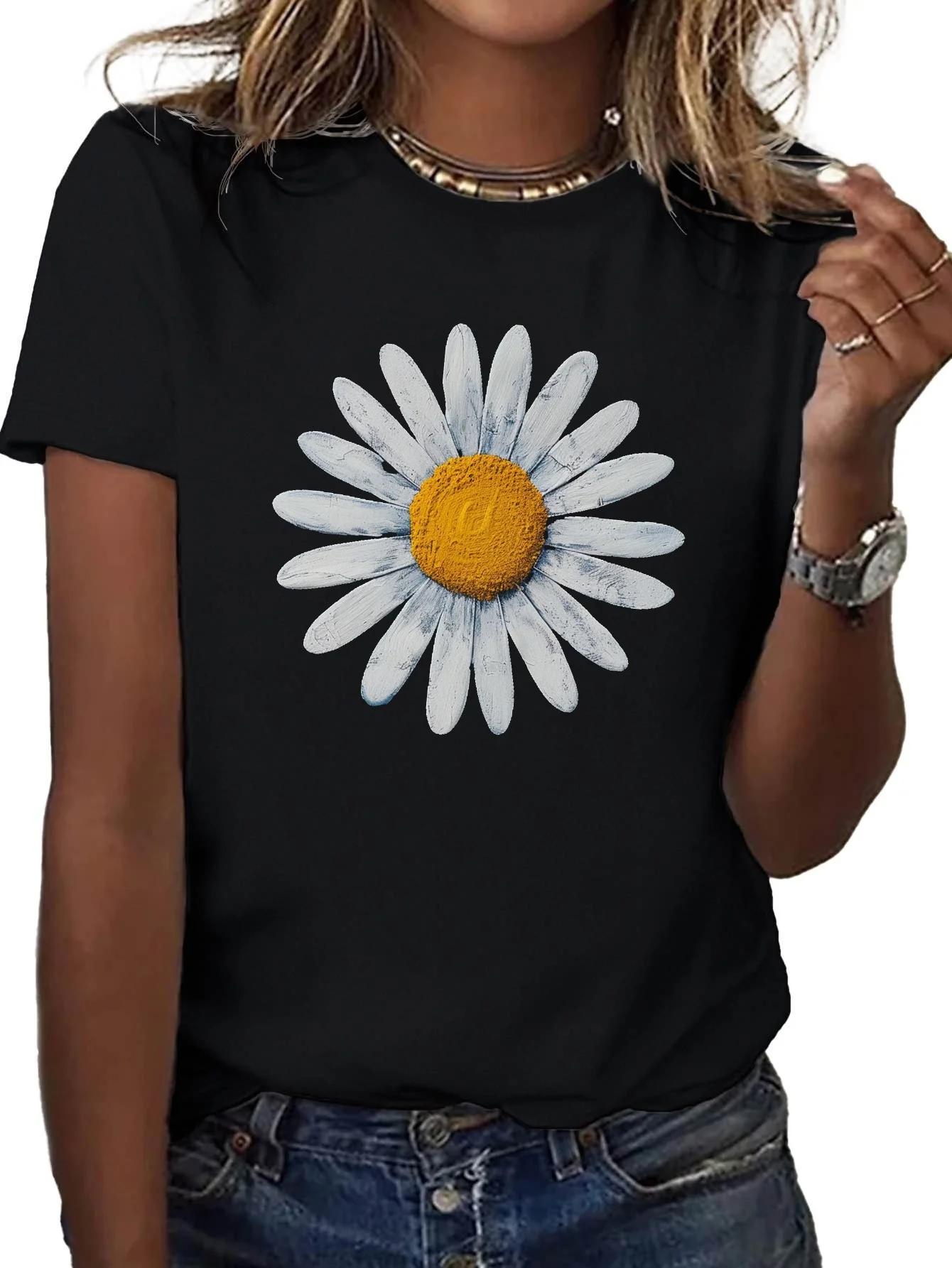 Peaceful Daisy Flower Graphic Pure Harajuku Short Sleeve Casual Women's T-shirt Clothing Street Tops Tees Aesthetic Clothes