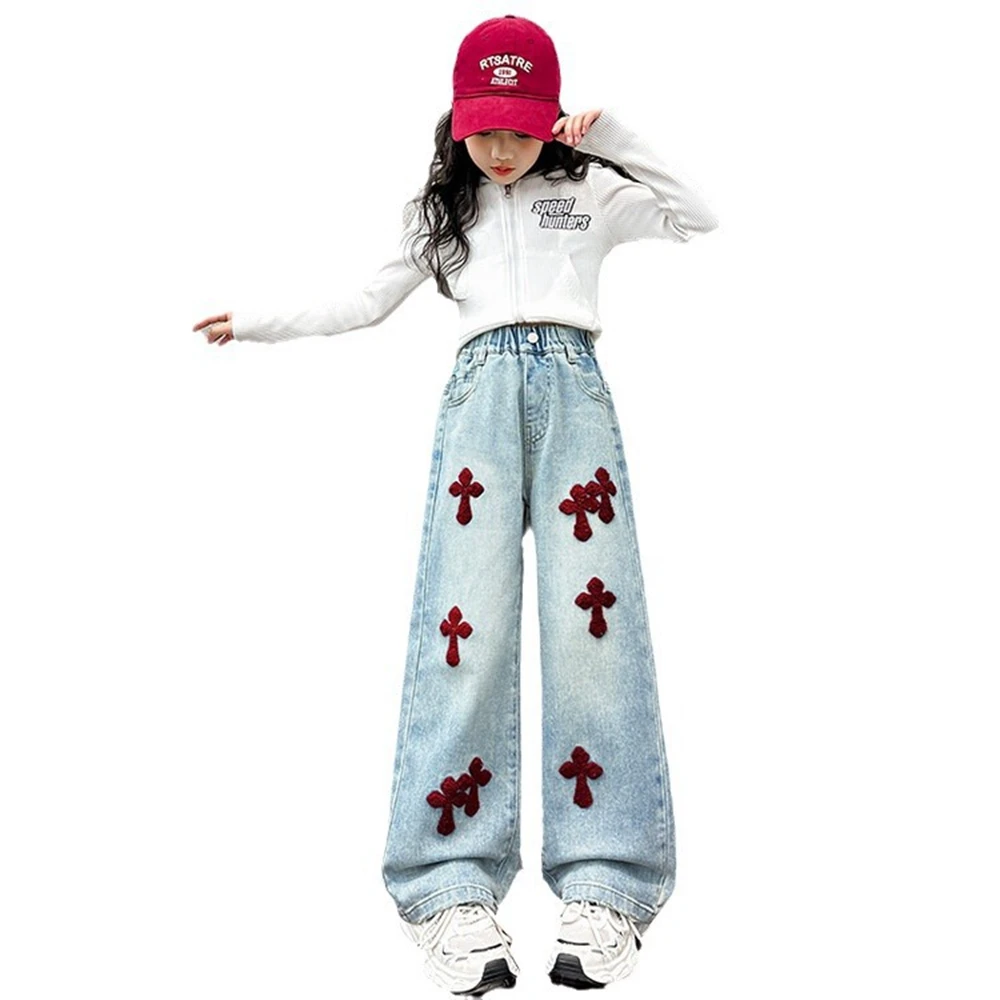 Spring Autumn Teenagen Girls Jeans Child Towel Embroidered Wide Leg Long Pants Baggy Denim Trousers for Kids 6 8 10 12 14Yrs