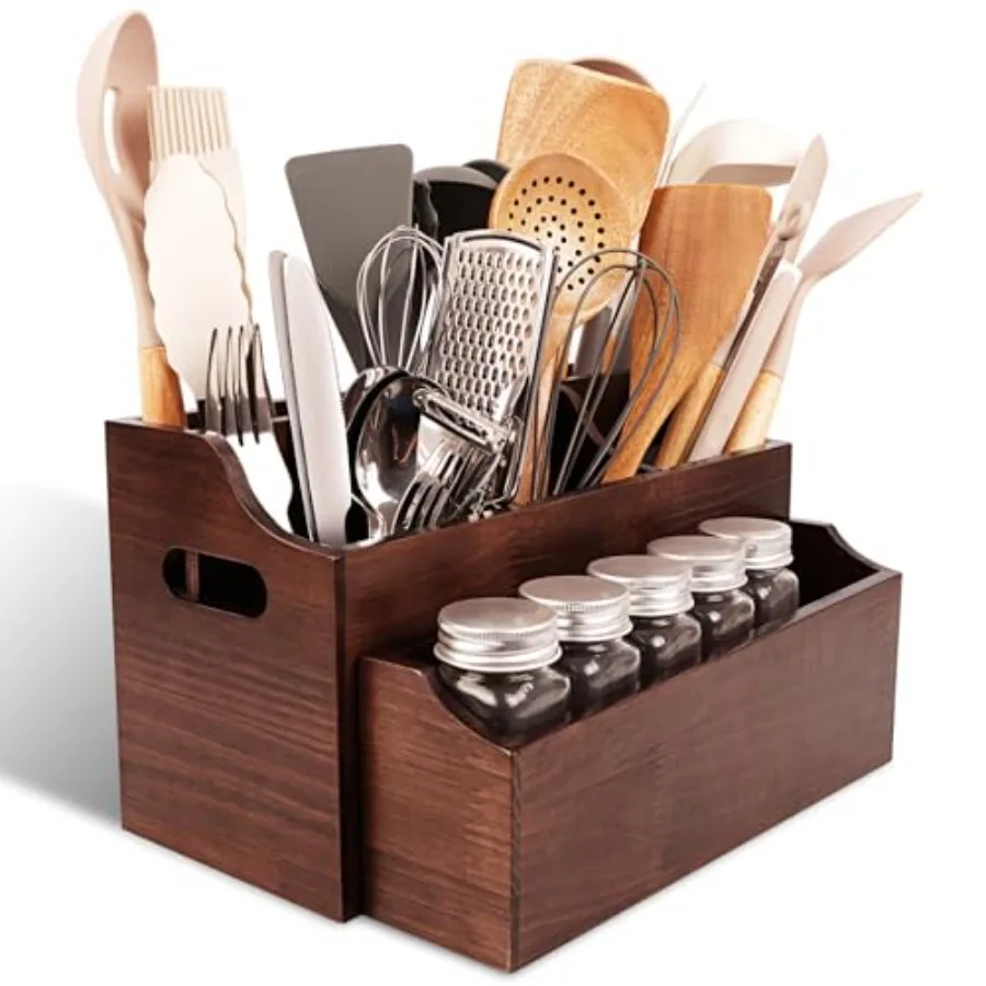 

Wooden Kitchen Utensil Holder for Countertop Large Utensil Organizer with Removeable Dividers Wall Mount Kitchen Organizer for