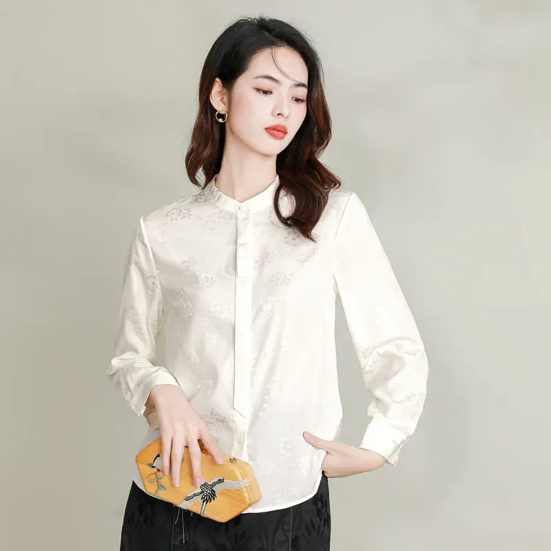 

Office Lady Glossy Silk Shirts With Low-key Floral Pattern Jacquard Fabric Tops Women Mandarin Collar Shirts Spring Summer 2024