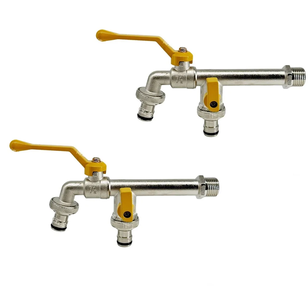 Garden Faucet Dual Outlet 1/2 Inch Zinc Alloy with Extended Spout for Outdoor Use and Nickel Plated Protective Layer