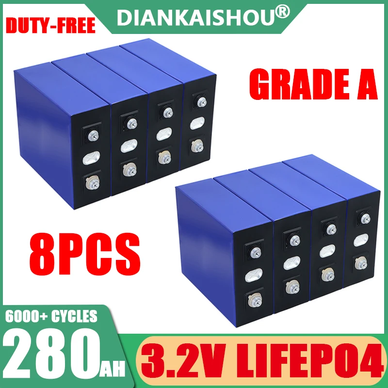 

8pcs LiFePO4 3.2V 280Ah 320Ah 202Ah 105Ah Battery Cell Grade A For DIY 12V 24V 48V Travel Solar RV Campers Lithium Battery Pack