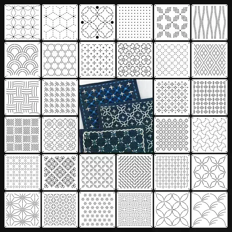 9/32Pcs Sashiko Embroidery Template DIY Geometric Patchwork Stencil Reusable PET Stencil Handmade Embroidery Handicraft Tools