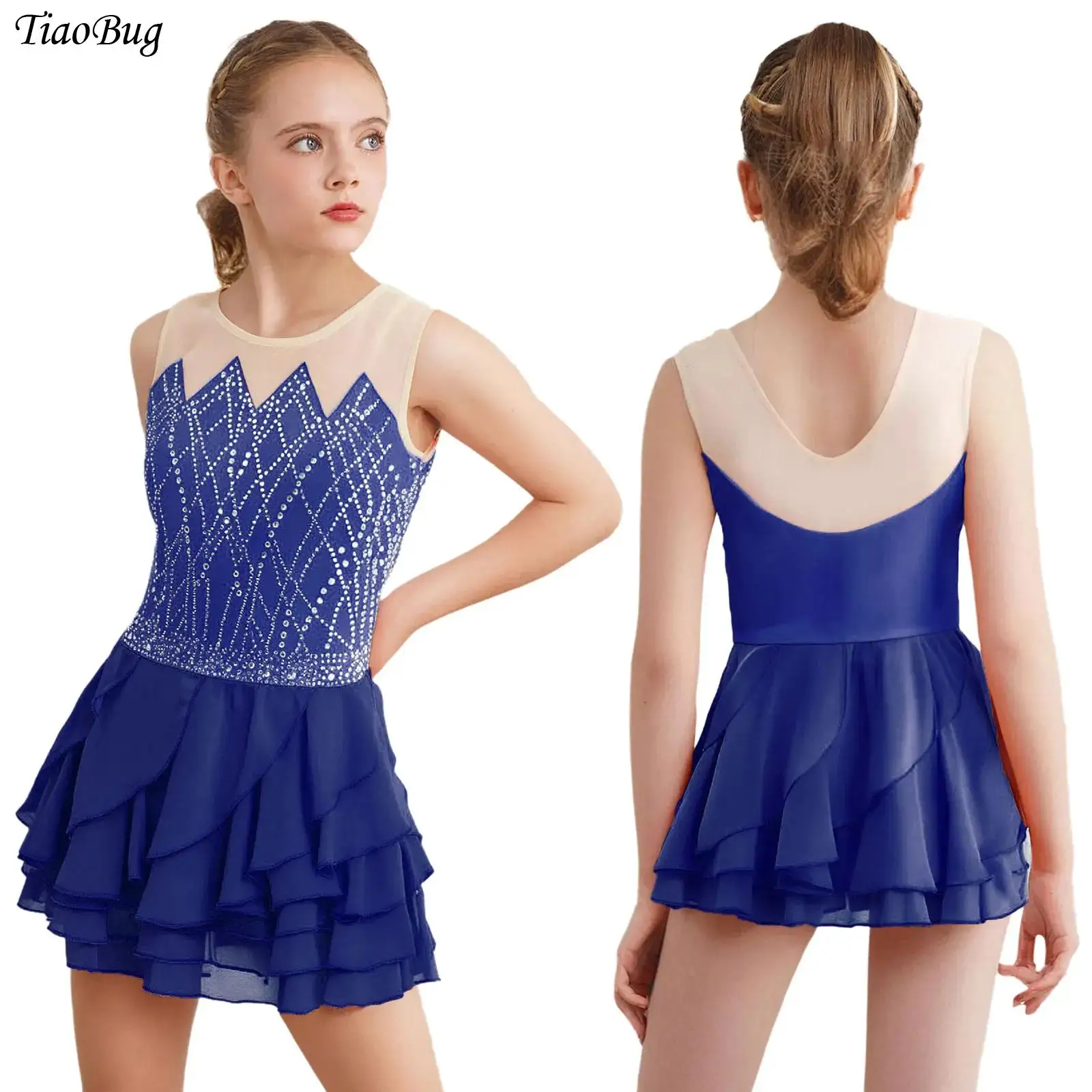 

Kids Girls Ballet Dance Dress Round Neck Sleeveless Shiny Rhinestones Tiered Ruffled Tutu Dress Figure Skating Costume Dancewear