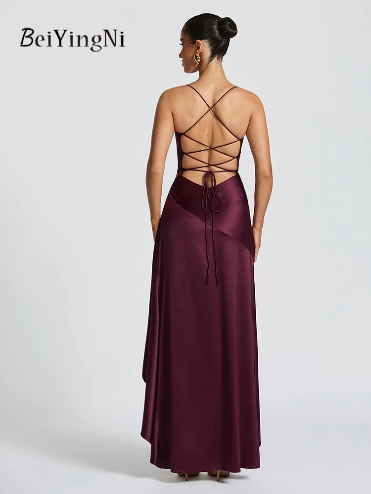 Beiyingni Elegant Satin Long Party Dresses Women Ruffles High Split Slim Luxury Satin Suspender Dress Lady New Chic Sexy Dress