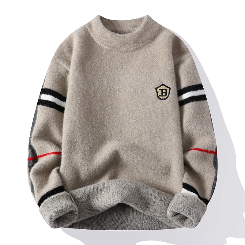 Men's Pure Mink Cashmere Sweater Pullover Winter Men's Warm and Fashionable Loose Fitting Long Sleeved Pullover Fleece Sweater