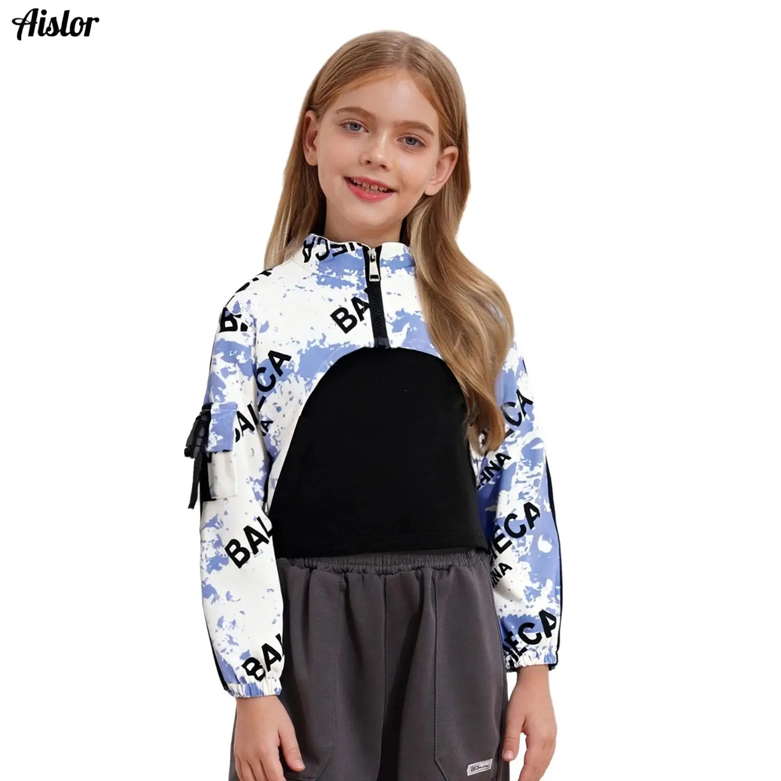 

Kids Girls Letter Printed Color Block Coat Hip-Hop Dance Top Stand Collar Long Sleeve Asymmetrical Hem Zipper Jacket Crop Top