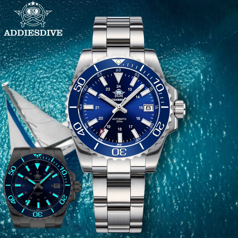 ADDIESDIVE 블루 남성용 시계 NH35A 사파이어 글라스 자동 기계식 손목시계 남성용 슈퍼 루미너스 200M 방수 시계