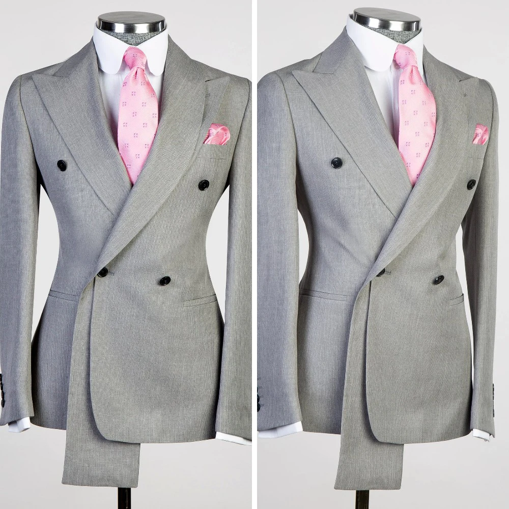 남성용 회색 비즈니스 정장, 웨딩 더블 브레스티드 프롬 블레이저, 맞춤형 2피스 신랑 디너 파티 웨딩 턱시도, 맞춤 제작