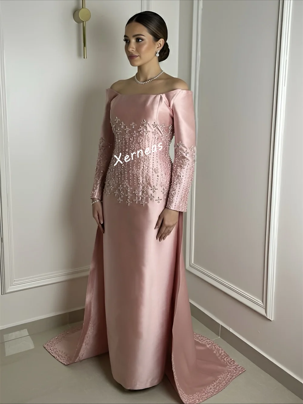 Customized Charmeuse Beading Off-the-shoulder Straight Long Dresses Bespoke Occasion Luxury Evening Dress Elegant Party Wedding