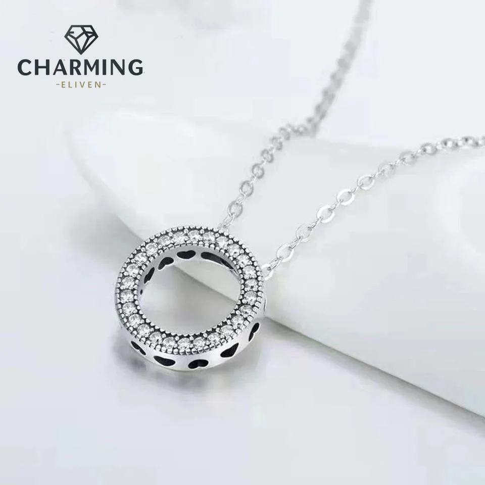 

CHARMING Jewelry S925 Sterling Silver Necklace Pave Circle Collier Necklace for Women Chains Silver Necklace