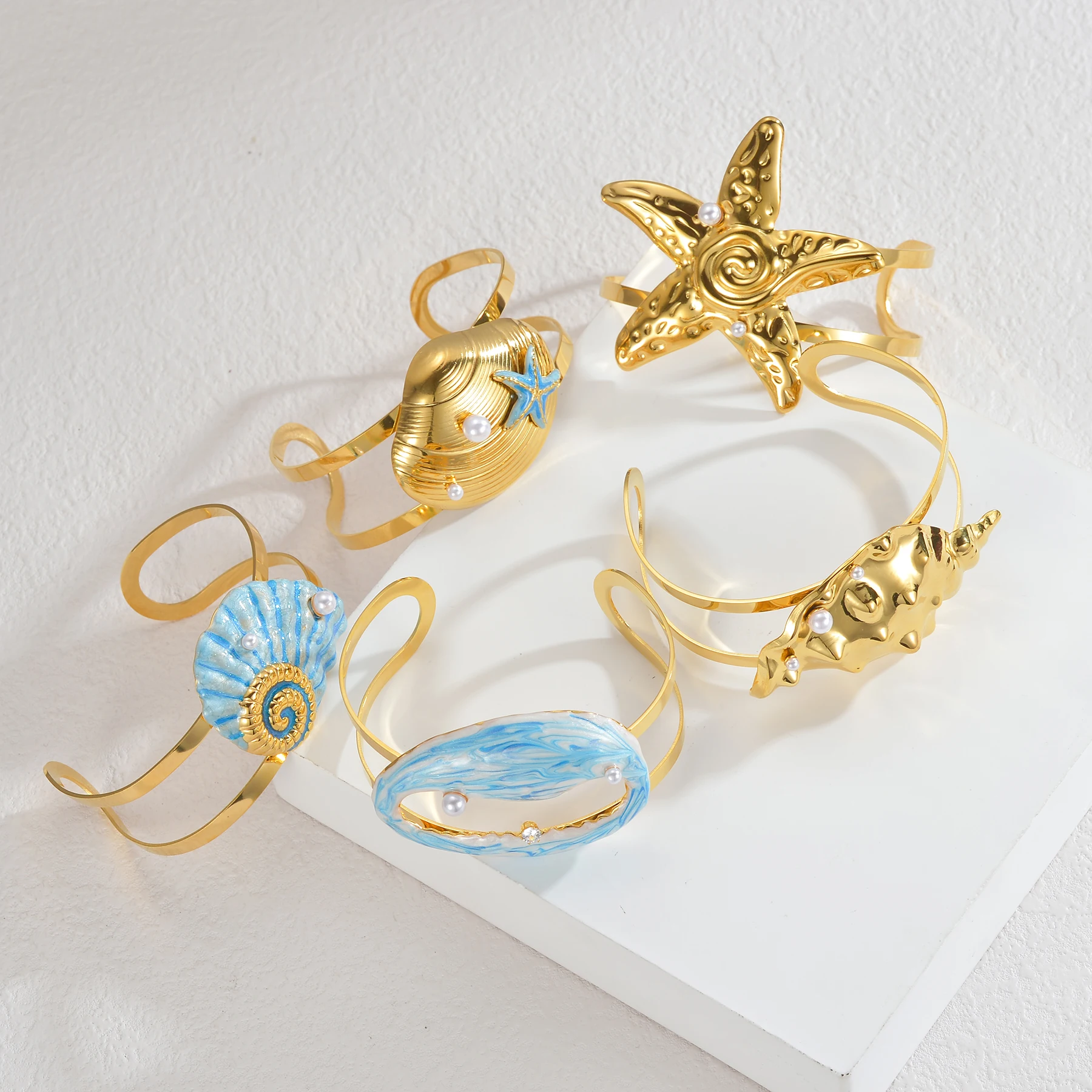 Nextvance Multiple Styles Ocean Element Starfish Shell Open Bangles For Women Stainless Steel Gold Plated Bracelet Jewelry Gifts