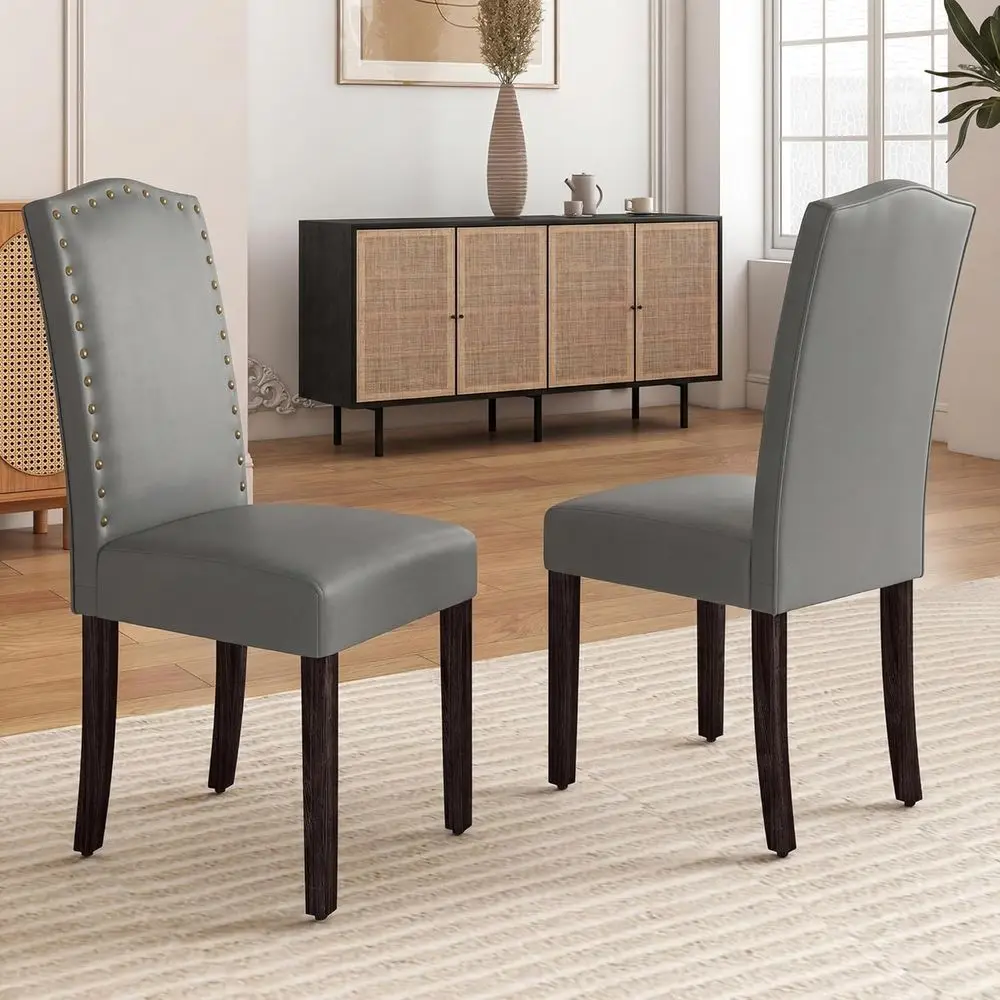 

Gray Dining Chairs with Copper Nails, Solid Wood Legs for Kitchen or Restaurant (Set of 2)