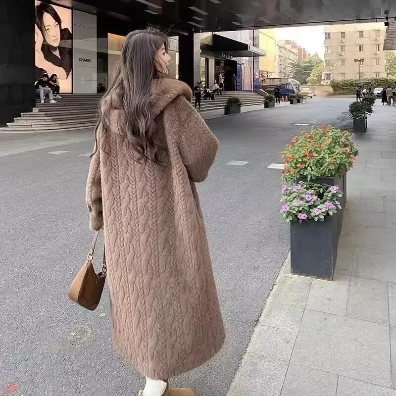 Pop ﻿ 2025 Winter New Thick Women's Long Imitation Mink Plush Cardigan With Integrated Fur Eco-Friendly Hooded Fur Coat Solid Co
