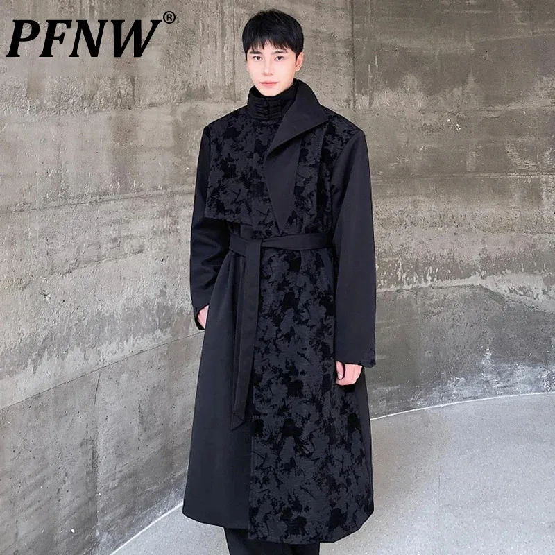 

PFNW Men's Thickened Woolen Coat Jacquard Texture Pattern Splice Plate Buckleknot Button Stand Collar TIde Windbreakers 9C3554