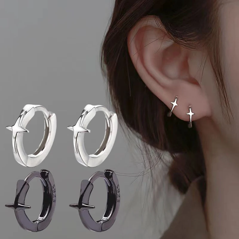 Four-pointed Star Cross Small Hoop Earrings For Men Women Hip Hop Retro Black Silver-color Street Gothic Ear Jewelry