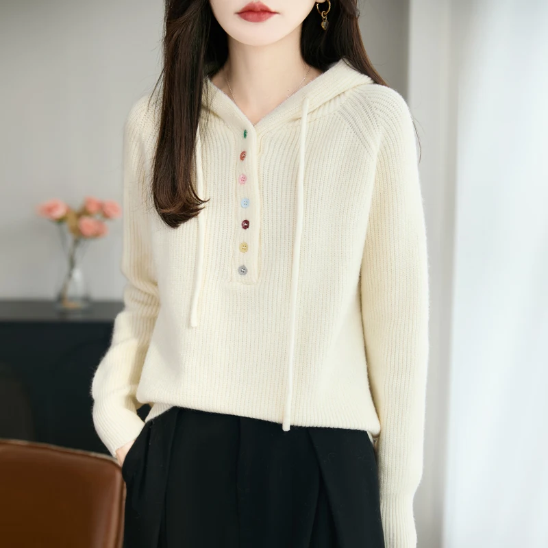 

Новый хит продаж, женский пуловер из 100% шерсти, свитер с капюшоном, свободный и удобный женский однотонный топ с длинными рукавами, 6 цветов