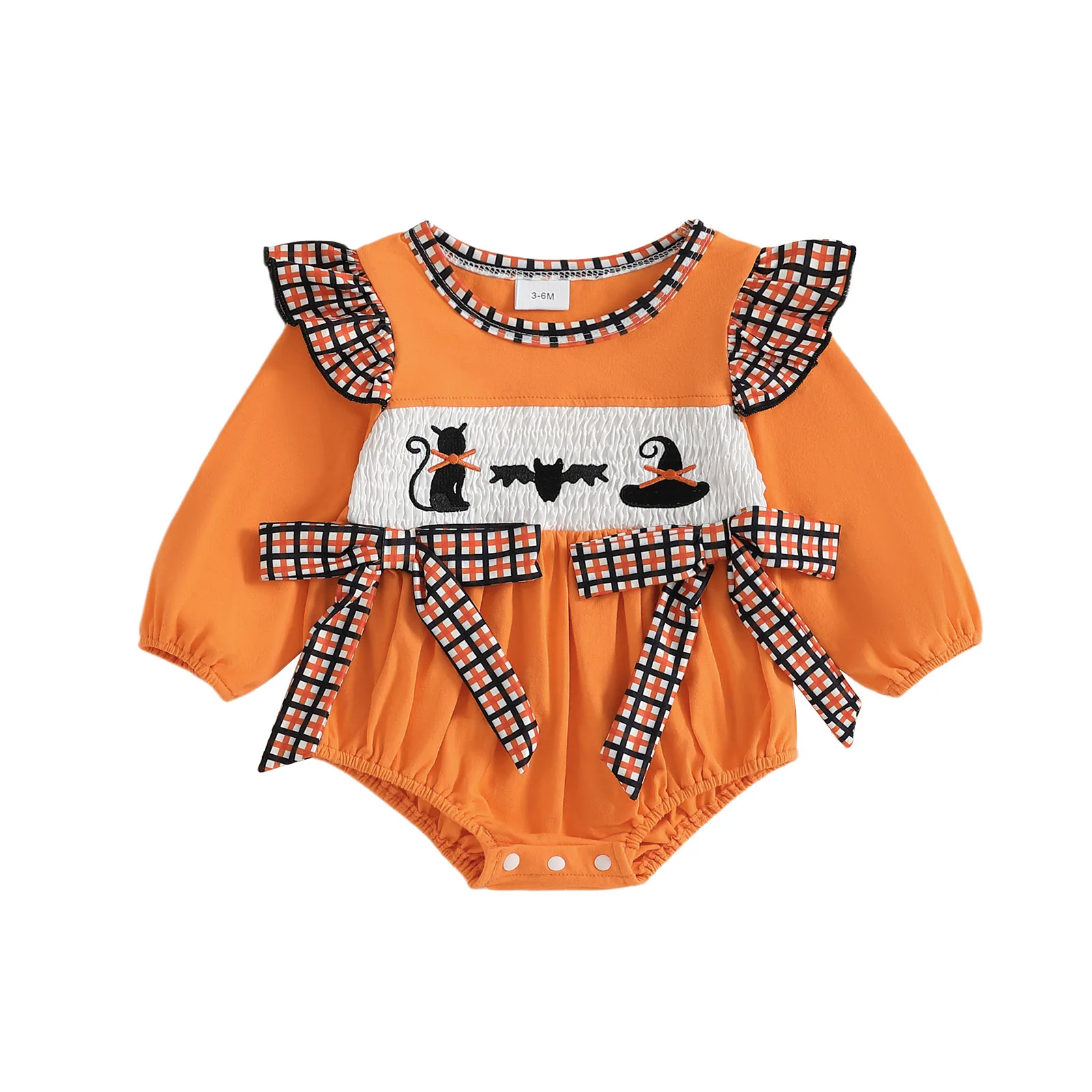 

Baby Girl Halloween Bow Romper Black Cat Ghost Embroidery Long Sleeve Round Neck Bubble Jumpsuit
