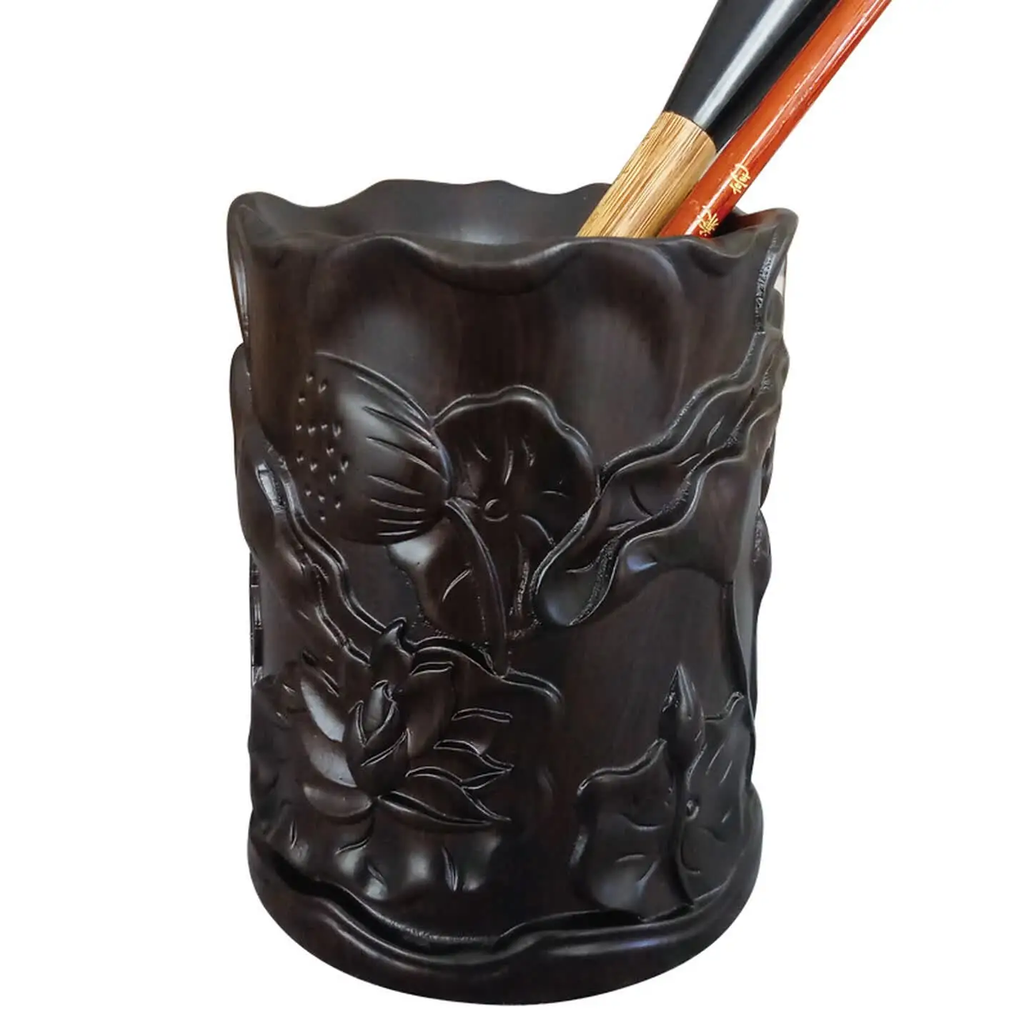 9.5x12.5cm Black Catalpa Wood Lotus Pen Holder Calligraphy Brush Cup for Office Study Desk Teacher Gift Home Decor 원목 붓통