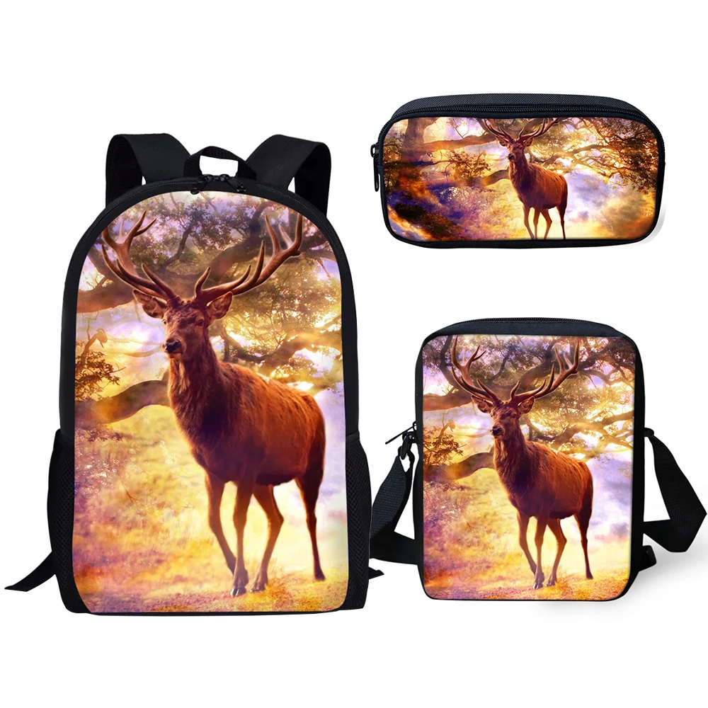 Harajuku Popular Deer 3D Print 3pcs/Set pupil School Bags Laptop Daypack Backpack Inclined shoulder bag Pencil Case