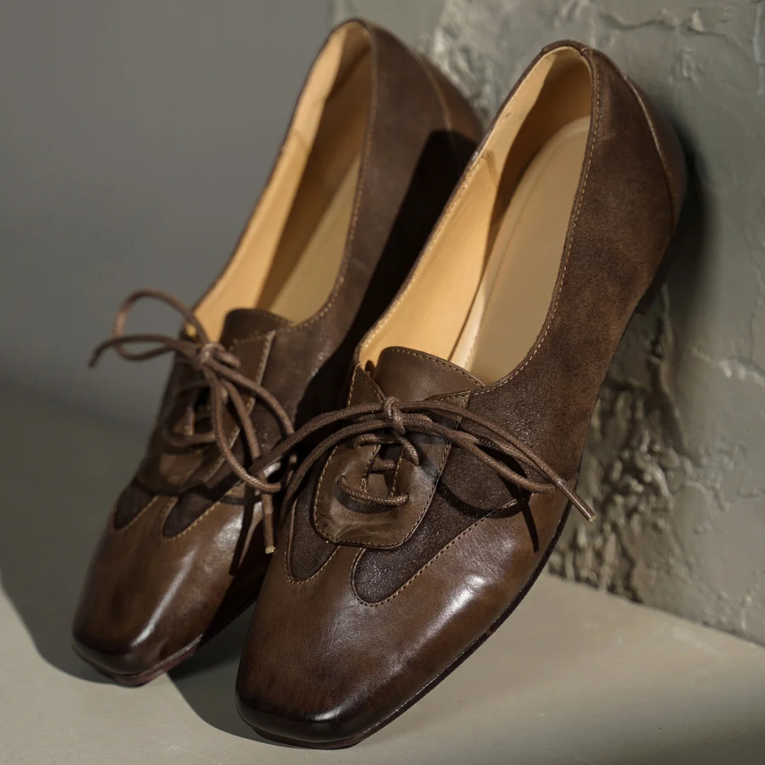 

Женские лоферы на плоской подошве из натуральной кожи в стиле пэчворк с квадратным носком и шнуровкой, высококачественная мягкая удобная повседневная женская повседневная обувь