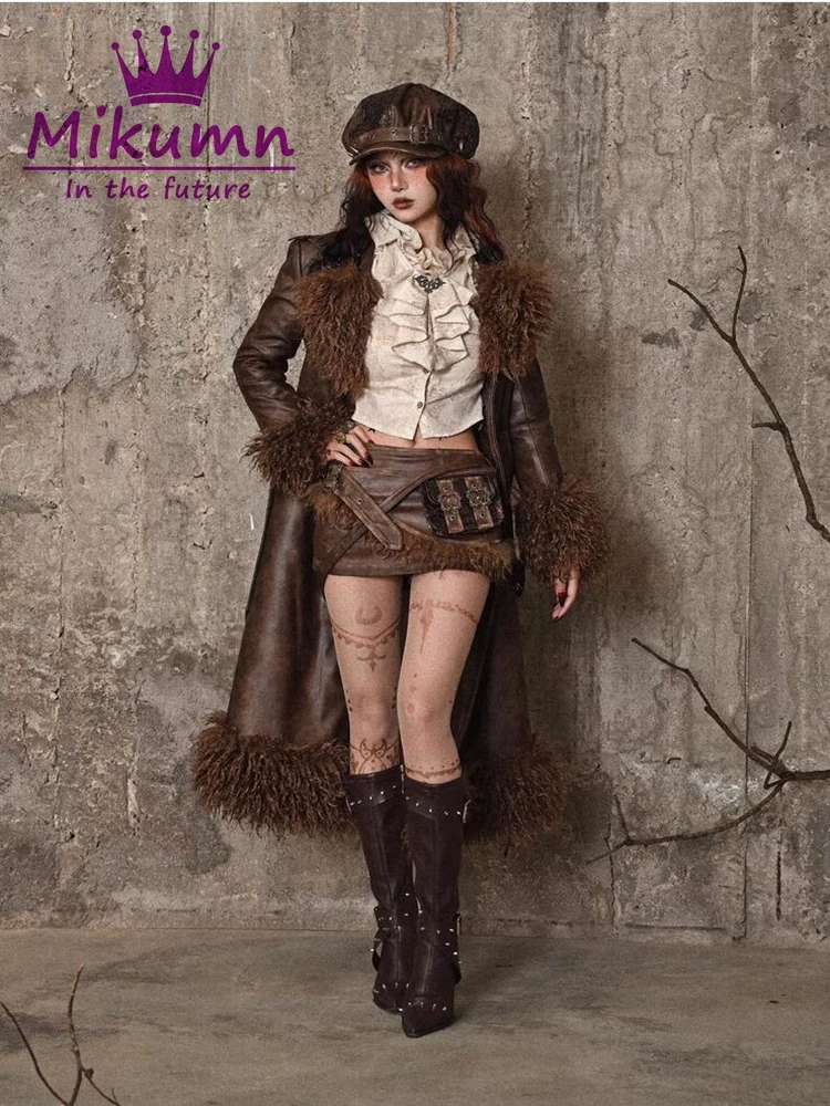 Mikumn Gothic Women Jacket Winter Warm Wool Fur Thicken Waist Belt Vintage PU Leather Long Coats Punk Chic Streetwear