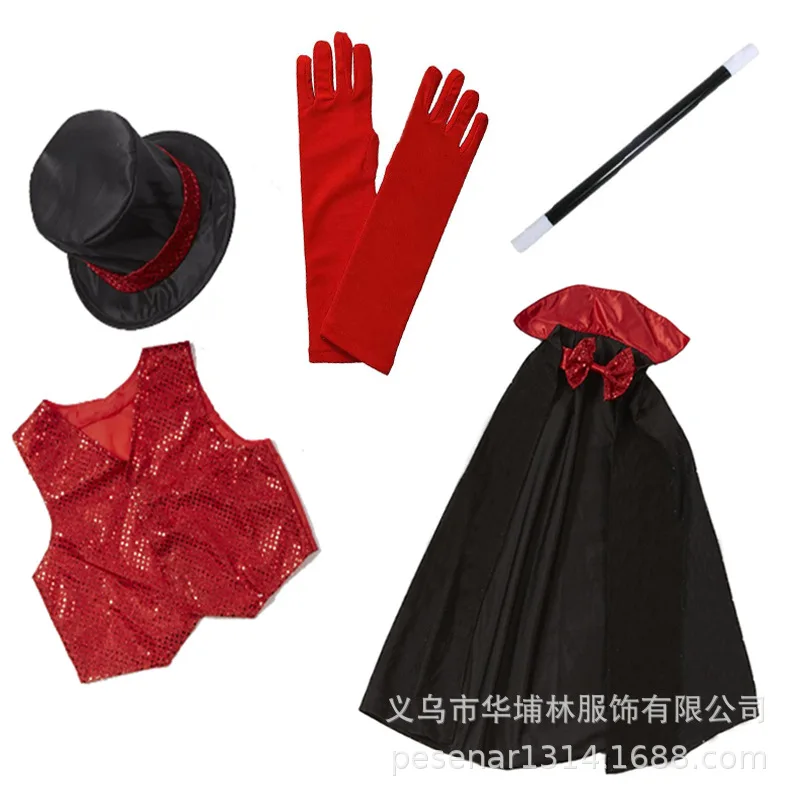 Circus Magician Wizard Cosplay Costume Cape Hat Gloves Necktie Suit Halloween Theme Party Outfits Performance Clothing Props