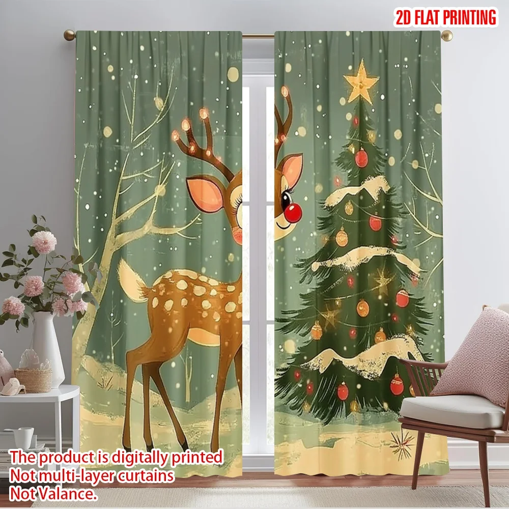 2pcs,2D plane printing Popular Curtain Panels Cute Reindeer Christmas Tree Snow (3) Durable Polyester (without rod) Room Decor