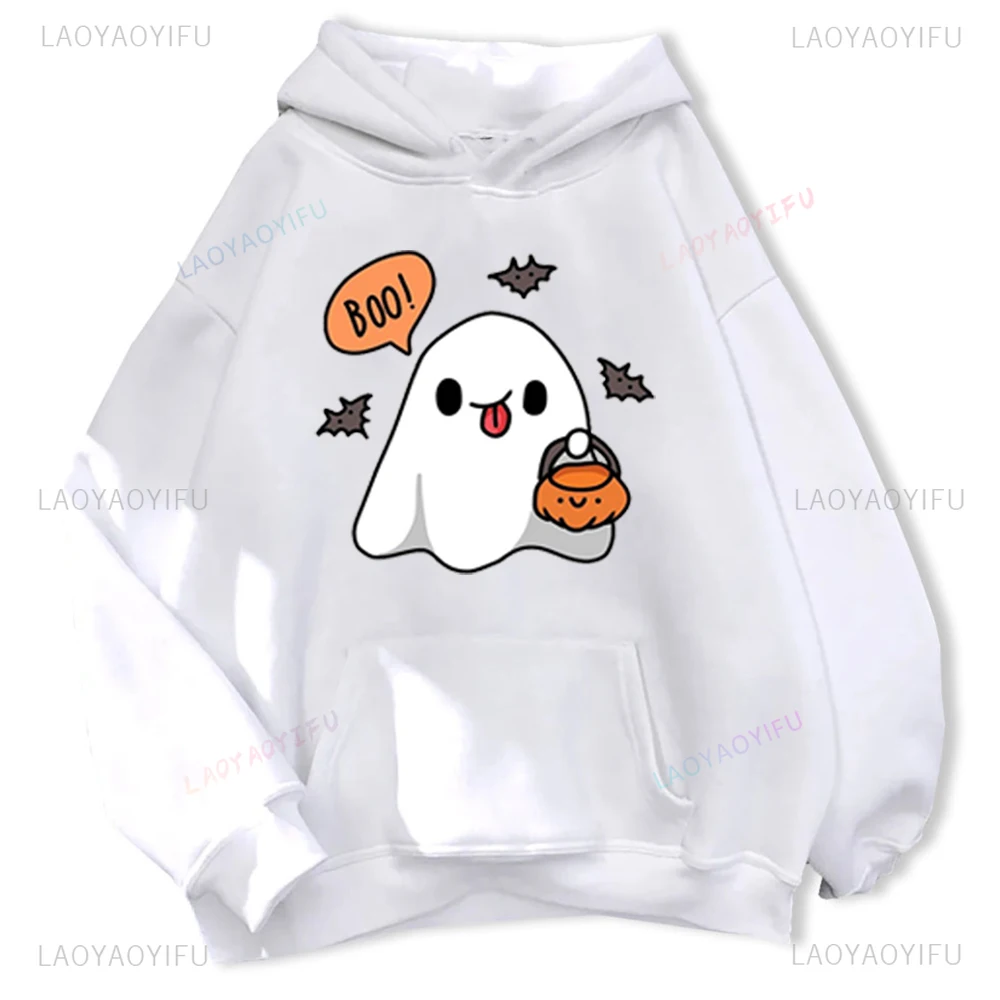 Kawaii Ghost Boo Trick Or Treat Vrouw Grafische Hoodies Herfst en Winter Halloween Creatieve Pompoen Sweatshirt Warm Hoody
