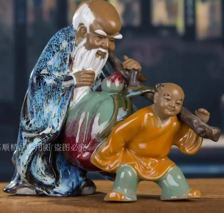 Figure decoration Shiwan kiln ceramic statue----ancient Chinese Grandpa and grandson carry the Peaches statue