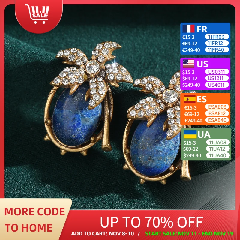 

Vintage Lapis Lazuli Blue Earring Stud Flower Natural Stone Gold Color Rhinestone Jewelry Designer Quality Luxury 2025 Christmas